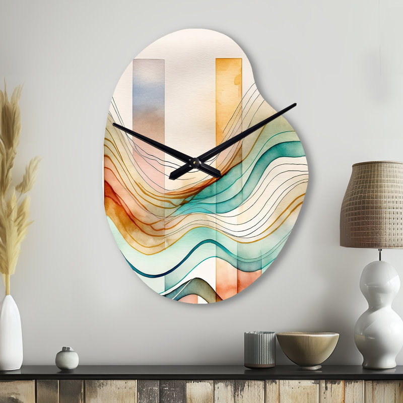 Horloge murale asymétrique en métal multicolore avec vagues abstraites I - Minimalisme, Grand