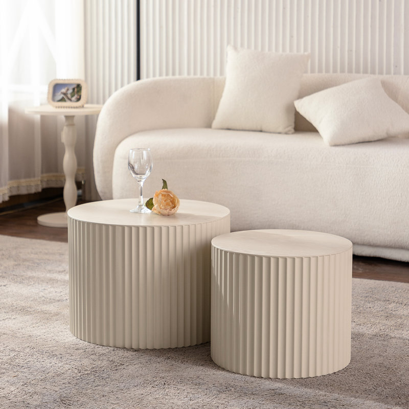 Table basse moderne beige - Extrémité latérale cylindrique pour balcon Wave Stripe, H 14,95 po x L 33,85 po x l 34,76 po