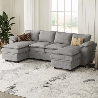 Chenille U-Shaped 4-Seat Storage Sofa King Pull Out Bed Sleeper Livingroom Modular Sectional Sofa Apartment Couch
