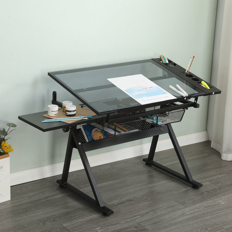 Table à dessin réglable avec plateau en verre et grand rangement