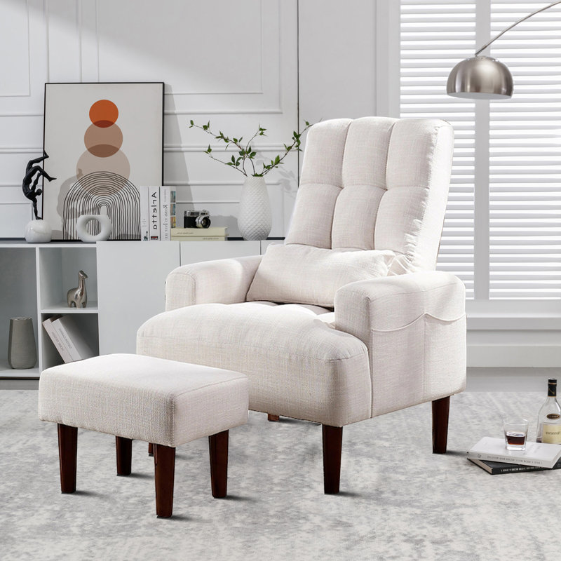 Muddathir Upholstered Waiting Room Accent Chair with Adjustable Backrest and Ottoman, White Fabric