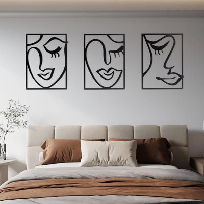 Three Piece Wall Decor , Black Metal Rectangular Frame, Female Face Abstract Design, Cut Hollow Out, For Home Beautification Art, Line Drawing Pattern, 3D Out Cut, Easy To Hang On Decorative Style