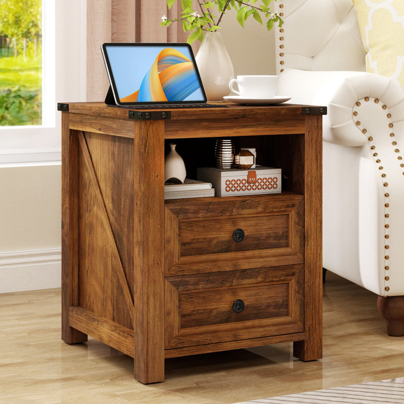 Rustic Nightstand with Charging Station – 18" Bedside Table with 2 Drawers & Open Shelf, Modern Farmhouse, Gray, Set of 2