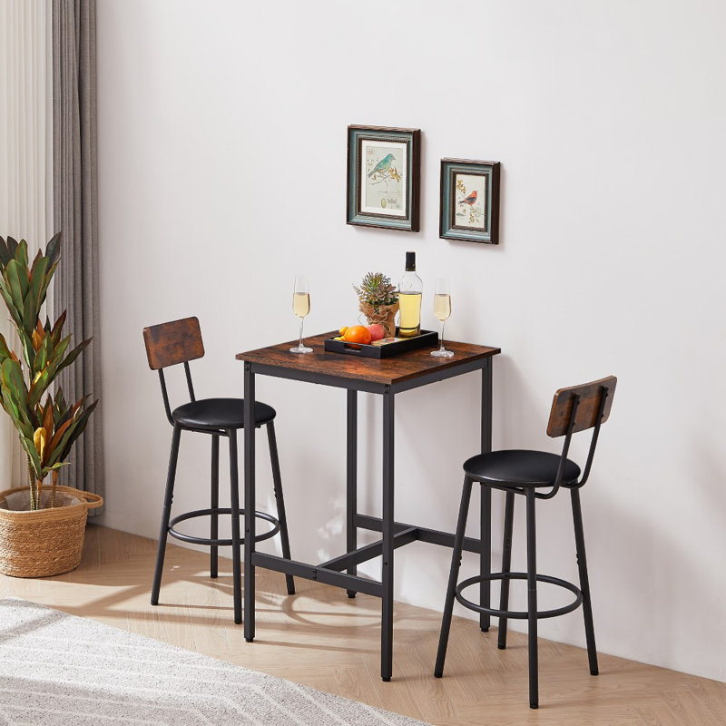 Rustic Bar Table Set With 2 PU Leather Bar Stools, Rustic Brown