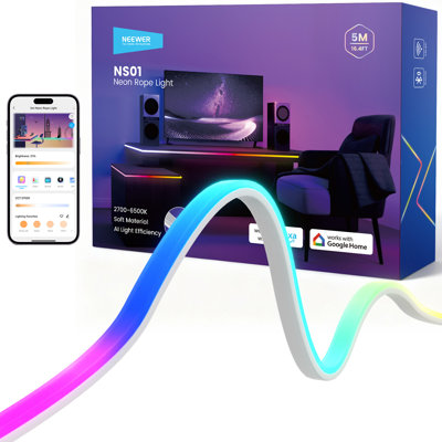 16,4 pi / 5 m de bandes lumineuses à DEL allumées à l'avant, contrôle intelligent de l'application de l'IAI, câble de néon à découper RVB changeant de couleur pour chambre à coucher, studio de jeu, maison, salle de classe, mur extérieur, extéri