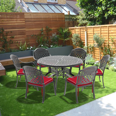 Ensemble de 7 pièces de mobilier de patio en aluminium coulé avec coussins rouges