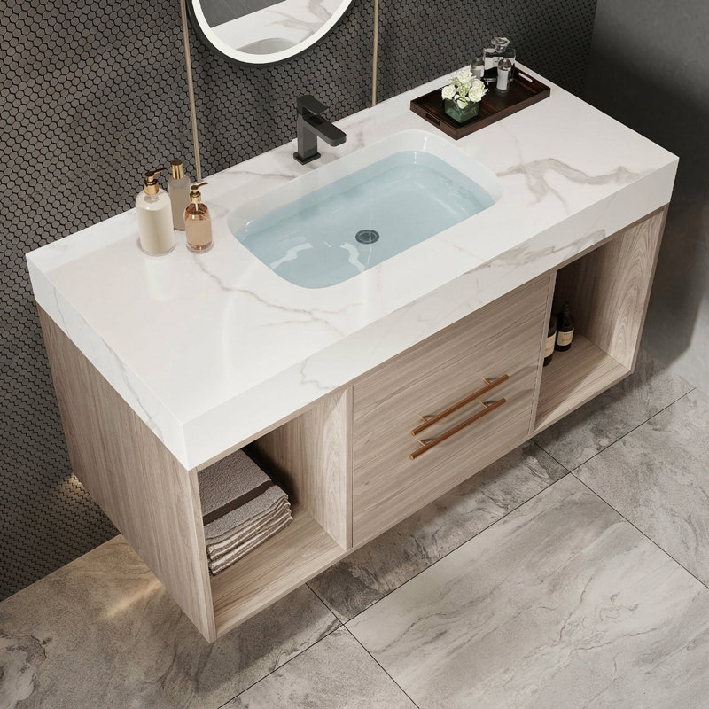 39.4" Modern Floating Bathroom Vanity with Ceramic Sink, Wall Mounted Storage Cabinet with 2 Drawers & 2 Open Spaces, Sintered Stone Top