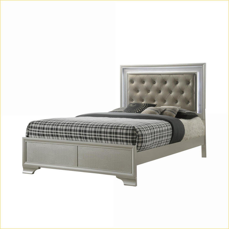 Lit plateforme tapissier avec rétroéclairage DEL Faux diamant capitonné, finition crocodile champagne pour la chambre principale glamour