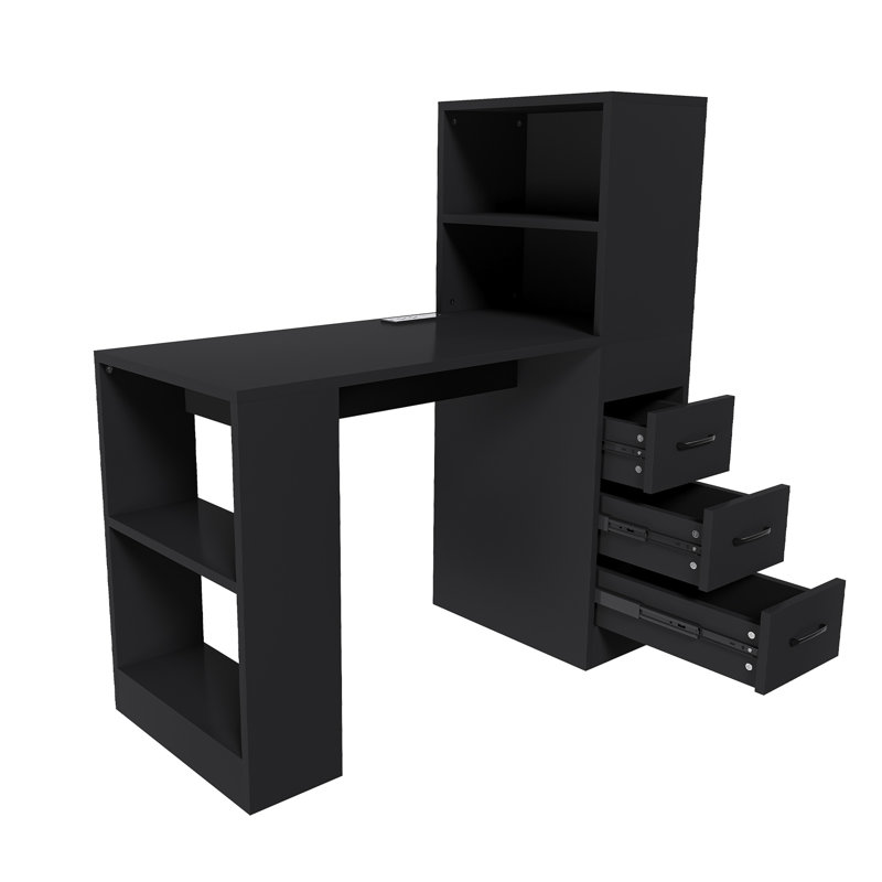 Bureau d'ordinateur avec prise électrique, bureau avec 3 tiroirs coulissants et 4 niveaux de rangement