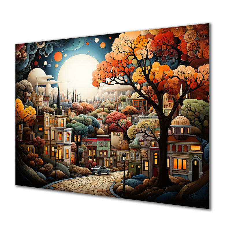 Cozy village in Autumn Moonlit II - Art mural en métal City Art Deco, H 30 po x l 40 po x P 1,5 po