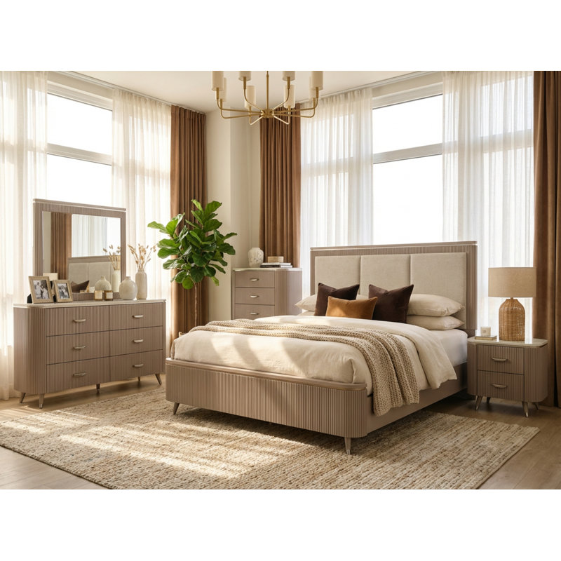 5 Piece Modern Upholstered Bedroom Set with Platform Bed Frame, 5-Drawer Tall Chest, 6-Drawer Dresser with Mirror, 2-Drawer Nightstand, Fluted Neutral Pink Bedroom Furniture for Master Bedroom