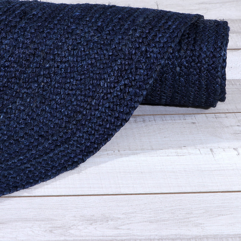 Tapis bleu marine en jute tissé à la main, Rond 5 pi