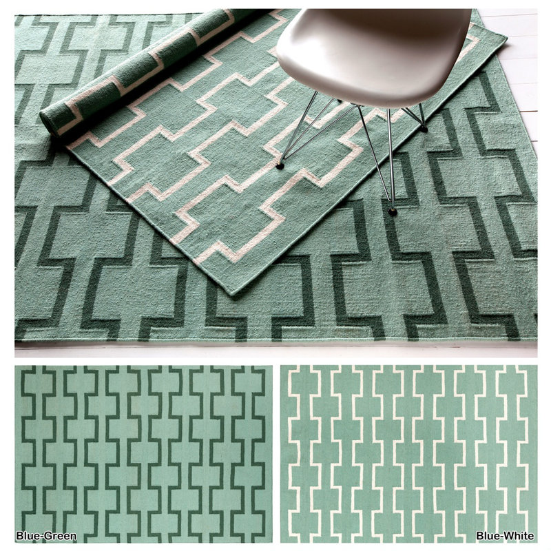 Tapis d'intérieur réversible en laine tissé à plat à la main vert menthe Clavelle, Rectangulaire 7 pi x 10 pi