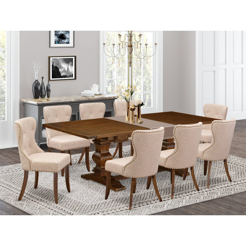 9 Piece Kitchen Table Set Includes a Rectangle Dining Table with Removable Leaf and 8 Light Tan Linen Fabric Parson Dining Chairs, Antique Walnut