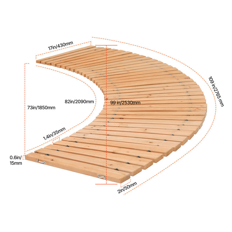 Passerelle de jardin en bois, H 0,6 po x l 99 po x P 17 po