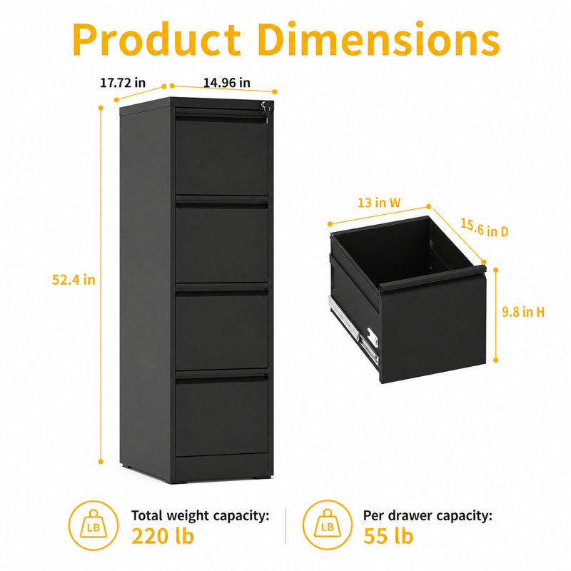 14.96" W 4 Drawers Metal Vertical File Cabinets with Lock for Home & Office., Black