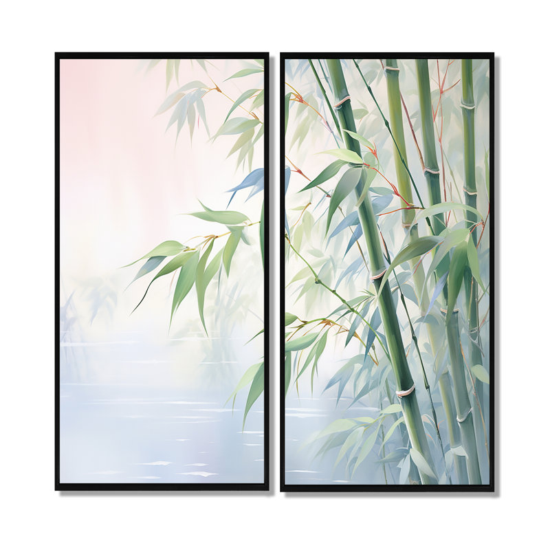 Bamboo Romantic Dream II - Green, art traditionnel sur toile, 2 panneaux, H 40 po x l 40 po, Noir