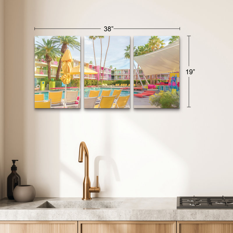 Ensemble de 3 panneaux d'art mural - Tom Windeknecht «Poolside at the Saguaro Hotel - Palm Springs», art mural sur toile pour le salon, la chambre à coucher ou le bureau 