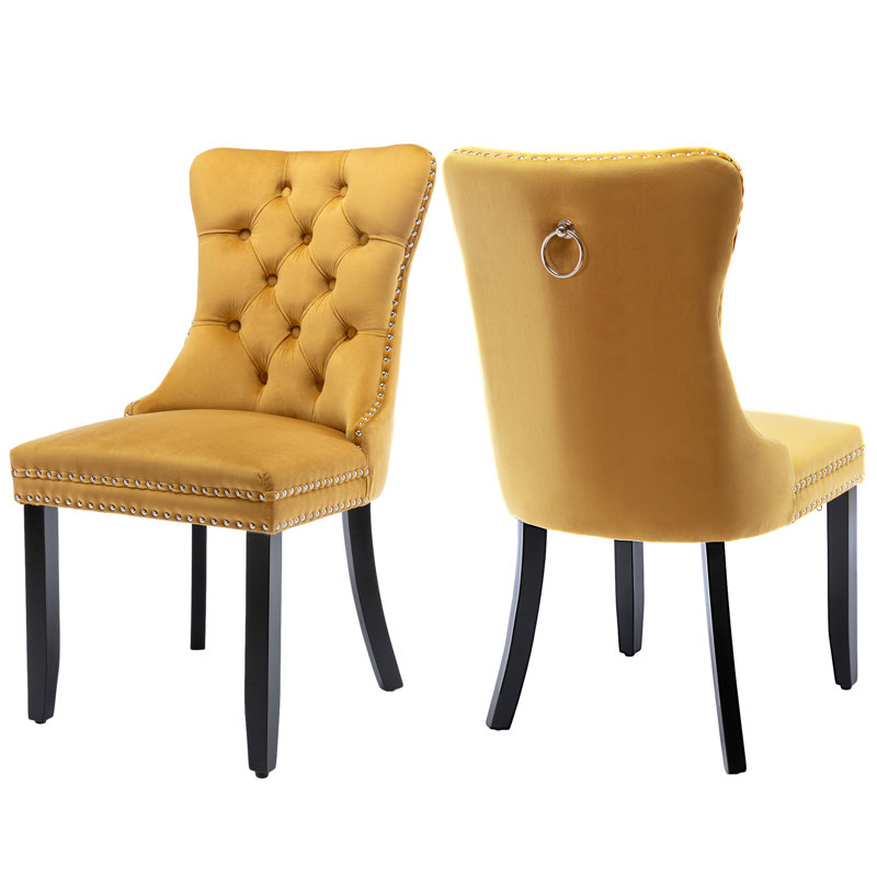 Tufted Velvet Wing Back Side Dining Chairs, Black, Gold