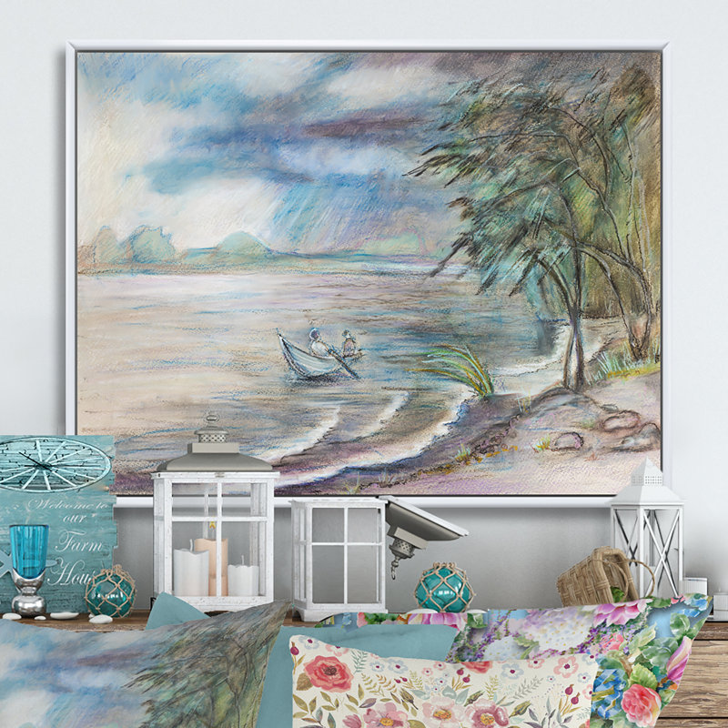 " Summer Landscape River ", 8" H x 12" W x 1" D, White Floater Framed