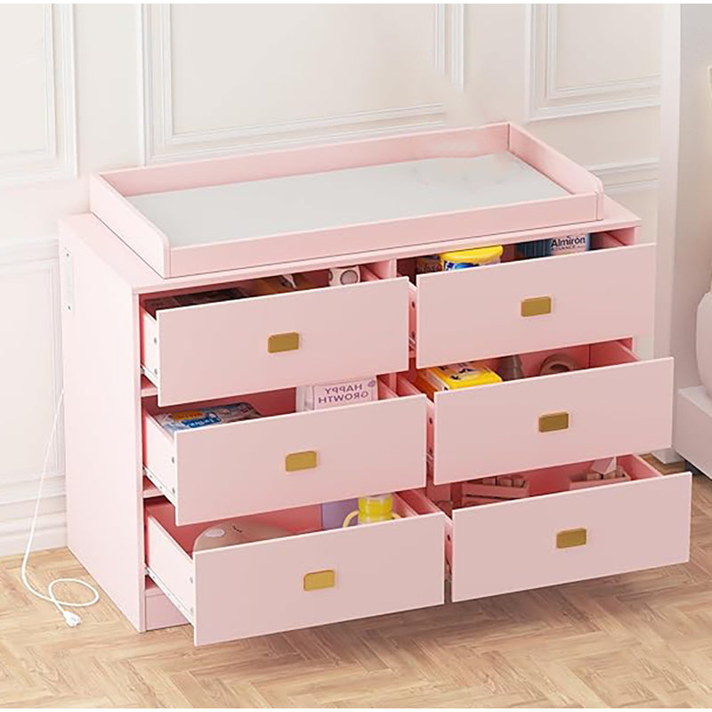 Baby Changing Table Dresser With 6 Drawers, Pink