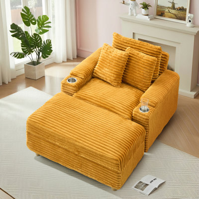 41" Wide Upholstered Chaise Lounge Chair Corduroy Accent Chair With Storage Ottoman And Cup Holder by Mercer41