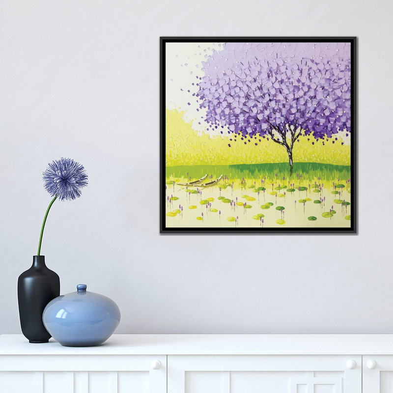 «Tranquil Season», peinture sur toile, H 18 po x l 18 po x P 1,5 po, Toile encadrée noire, Pas de tapis