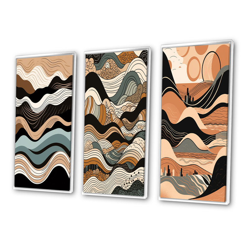 «Teal Black Line Art Elegance», 3 pièces, Cadre flottant blanc, H 40 po x l 60 po