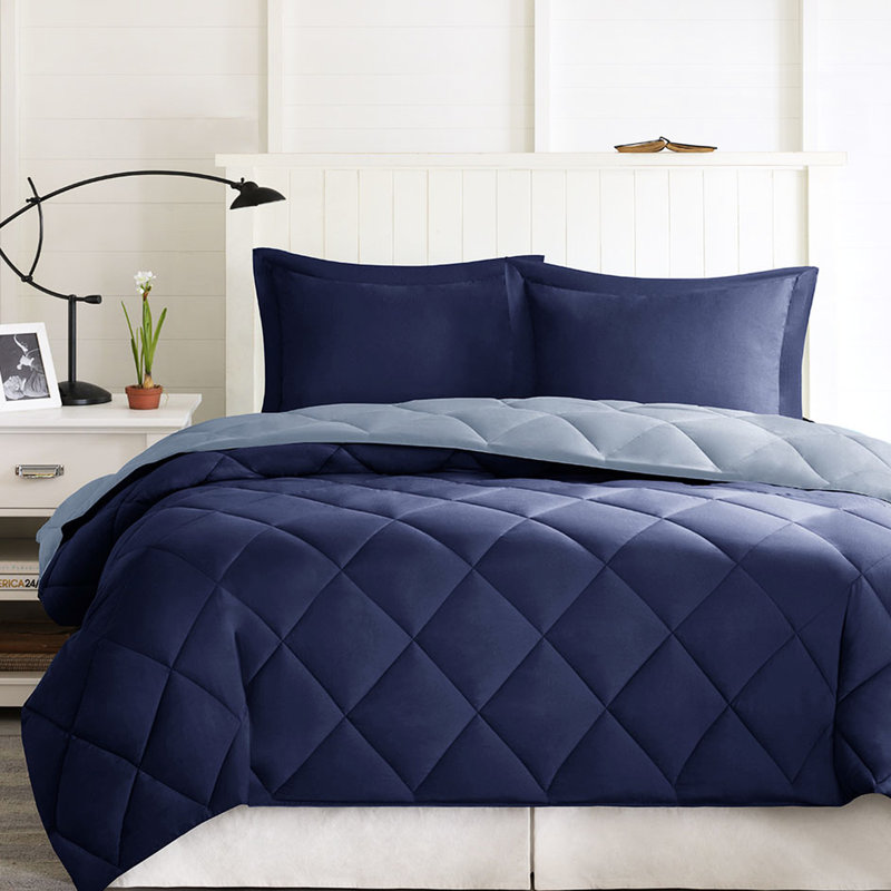 Édredon Diamond, Édredon pour lit simple + 2 taies décoratives st, Bleu marine/clair