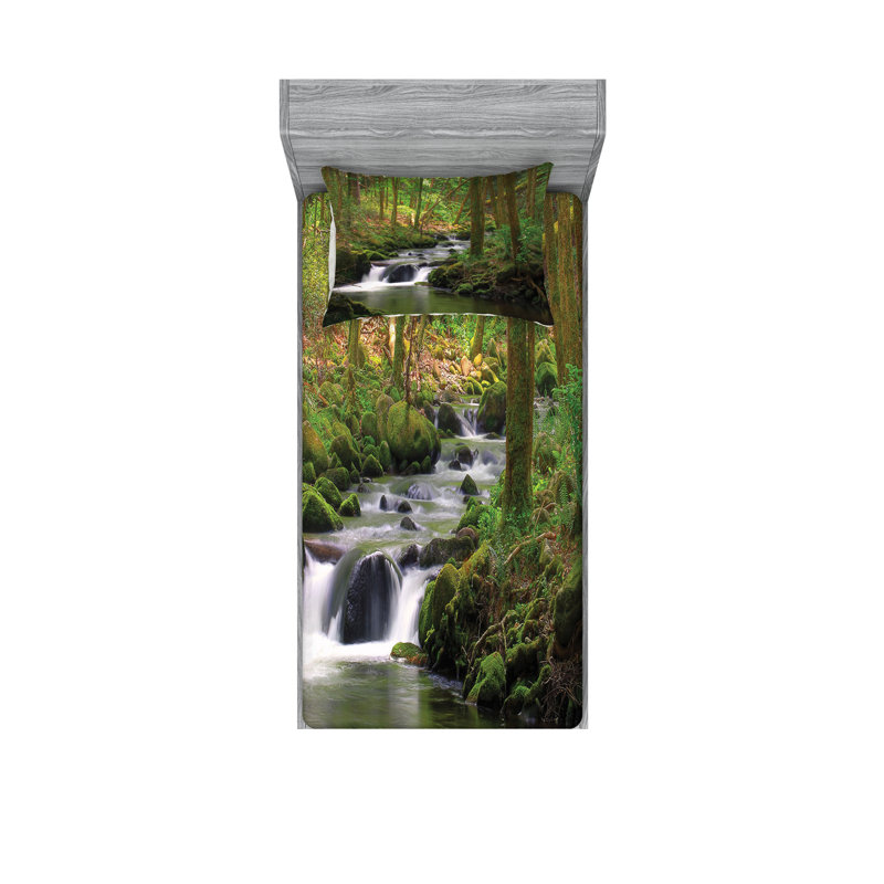 Drap-housse et coussin décoratif Ambesonne River vert ombre, Ensemble de draps pour lit simple + 3 pièces supp