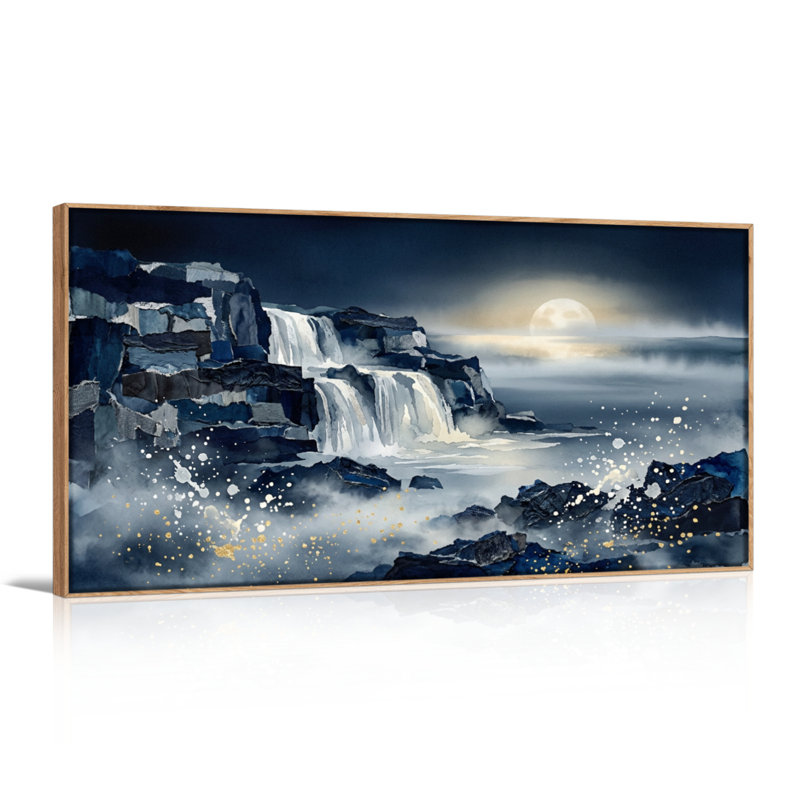 Ensemble de 1 tableau sur toile représentant une cascade au clair de lune, 40“W x 20”H, Natural