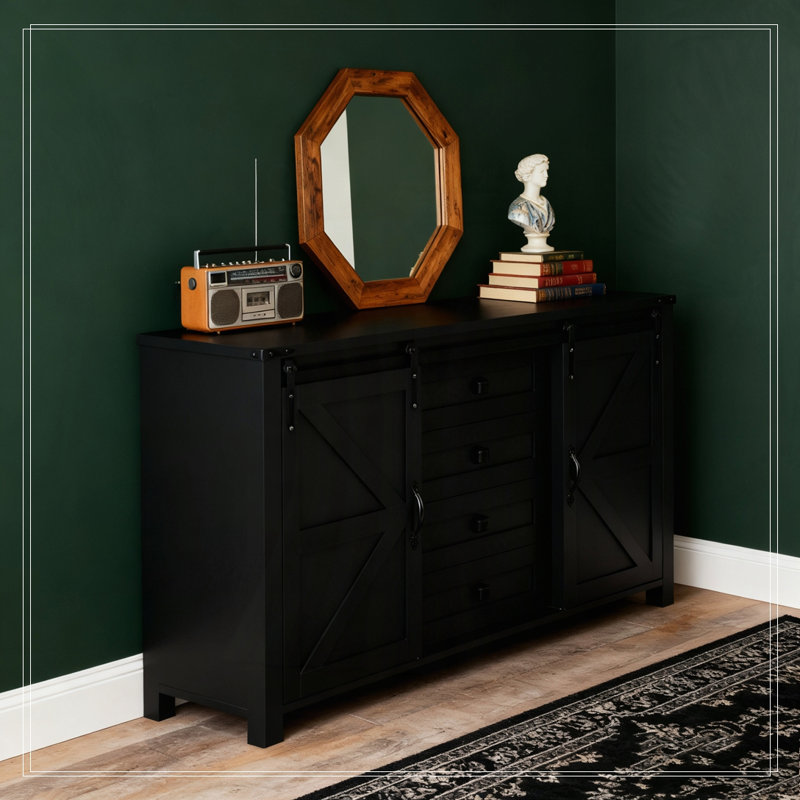 55.1-Inch Sideboard with Storage with Sliding Barn Doors and 4 Drawers, Black