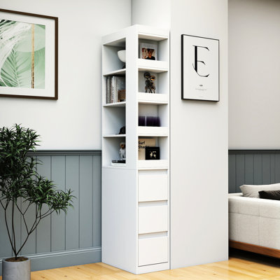 White Modern 70.38" H Display Storage Cabinet Featuring 4 - Tier Shelf 3 Side Drawers And Small Shelves For Home Office Living Room With Ideal