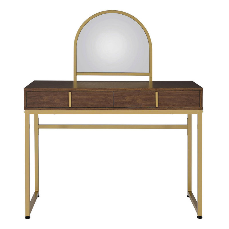 2 Drawers Vanity Desk With Mirror And Jewelry Tray, Walnut And Gold