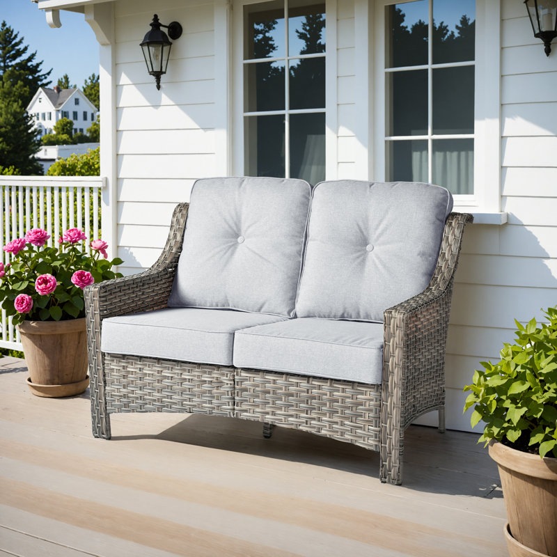 Emanuell Wicker Outdoor Patio Sofa With Cushions, Light Gray