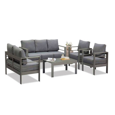 Ensemble de conversation de patio 5 pièces en aluminium 5 pièces, canapé d'extérieur 7 places avec coussins épais gris foncé et structure grise et table basse