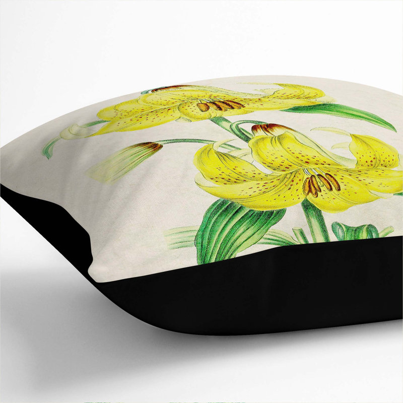 Illustration of Yellow Lilies Cushion with Filling, 40cm H x 40cm W x 15cm D, Black