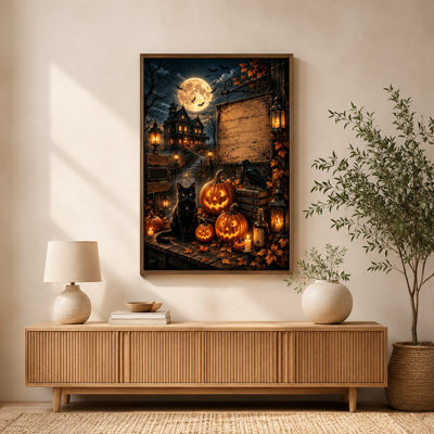 Halloween Black Cat Jack-O'-Lanterns Porch Haunted House Canvas Wall Art with Floating Frame, Ready to Hang