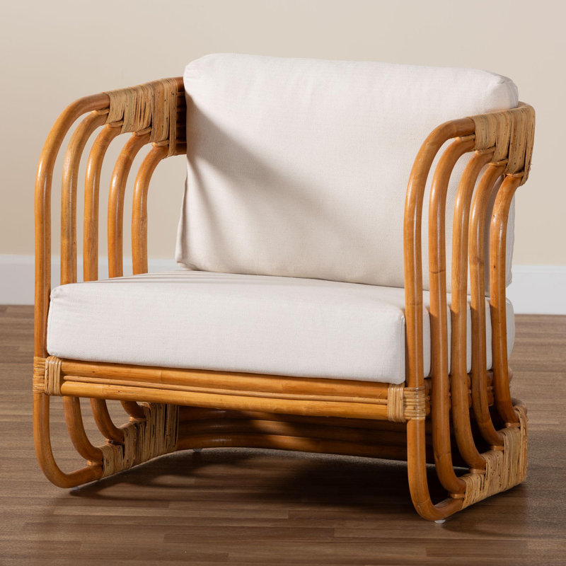 Handcrafted White Rattan Bohemian Accent Chair with Cushions