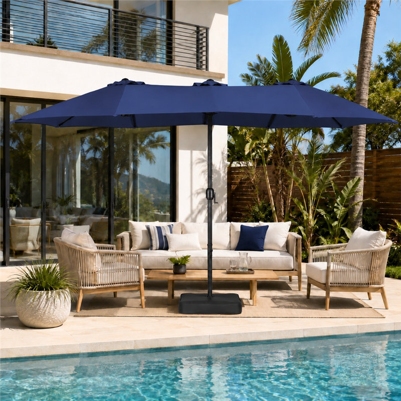Parasol de marché rectangulaire de 15 pi x 9 pi avec base, parasol de patio triple, bleu marine (sable non inclus), Marine