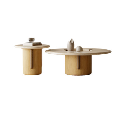 Marble Coffee Table Set with Wood Legs