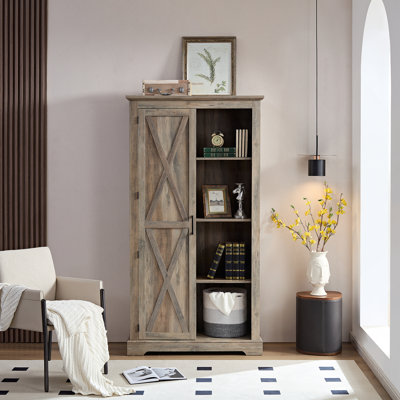 Élégant buffet à panneaux en bois massif et à base de bois avec présentoir ouvert, tiroirs et tablettes multiples pour un rangement organisé