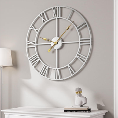 30 Inch Large Wall Clock, Modern Silver Metal Decorative Round Clock with Roman Numerals, Battery-Operated Silent Quartz Analog Clock for Living Room, Bedroom, Office