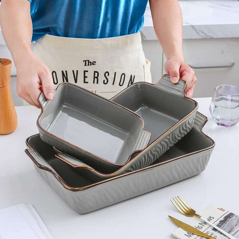 Ensemble de 3 plats de cuisson rectangulaires en céramique (gris nuageux), Gris nuageux
