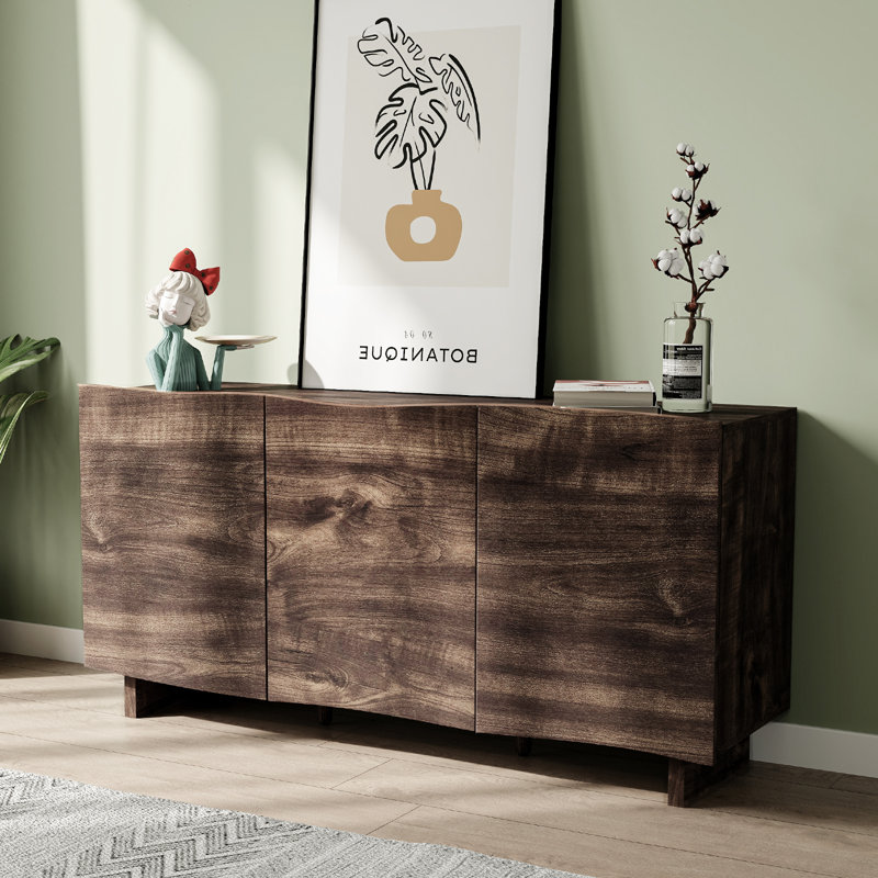Buffet en bois 55,1 po Modern Wave Wave avec 3 portes et tablette réglable noyer foncé, Bois classique