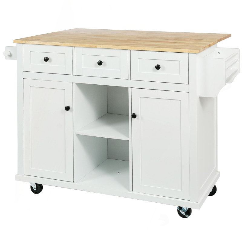 Kitchen Cart With Rubber Wood Drop-Leaf Countertop ,Cabinet Door Internal Storage Racks,Kitchen Island On 5 Wheels With Storage Cabinet And 3 Drawers For Dinning Room