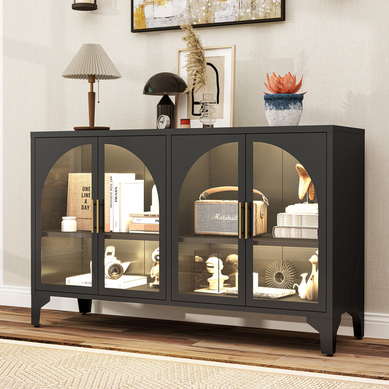53.2" W Metal Sideboard Buffet Cabinet with Glass Door, Adjustable Shelves, COB LED Light, Black