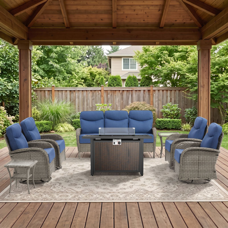 Ensemble de conversation pour foyer extérieur en osier 8 pièces avec canapé, fauteuils pivotants et repose-pieds 8 pièces