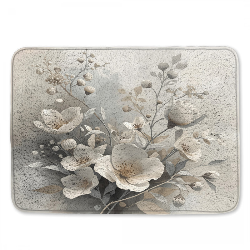 Tapis de bain fleurs blanches et beiges, L 24 po x L 17 po