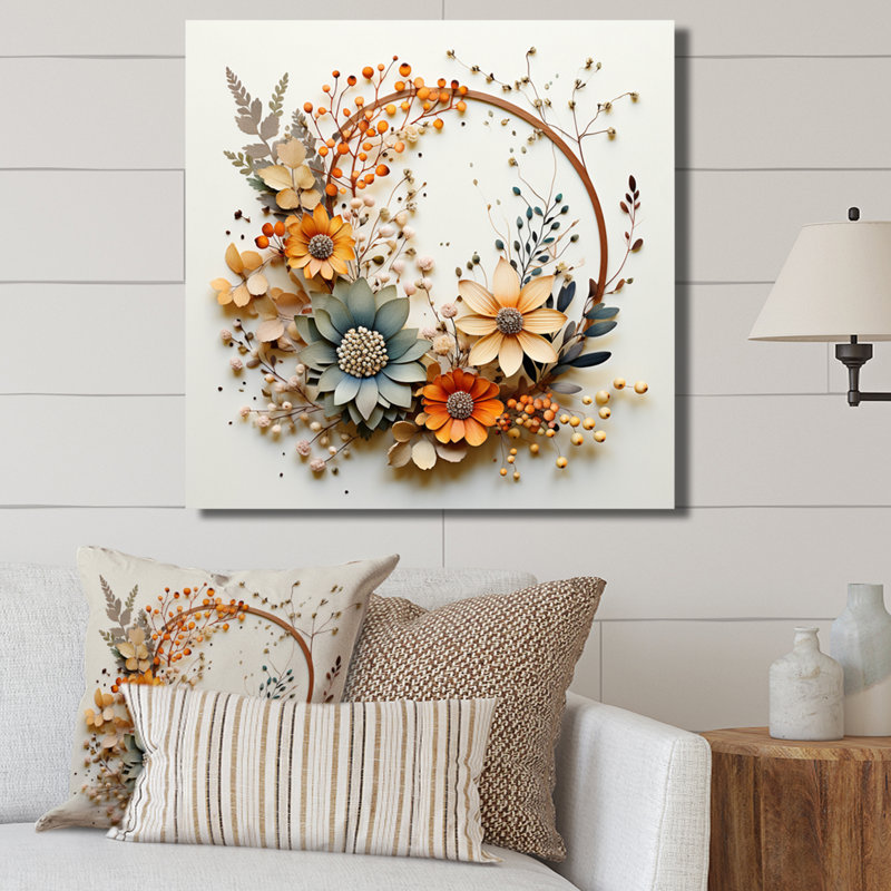 Couronne florale beige et orange I - Couronne, art mural, H 30 po x l 30 po x P 1 po